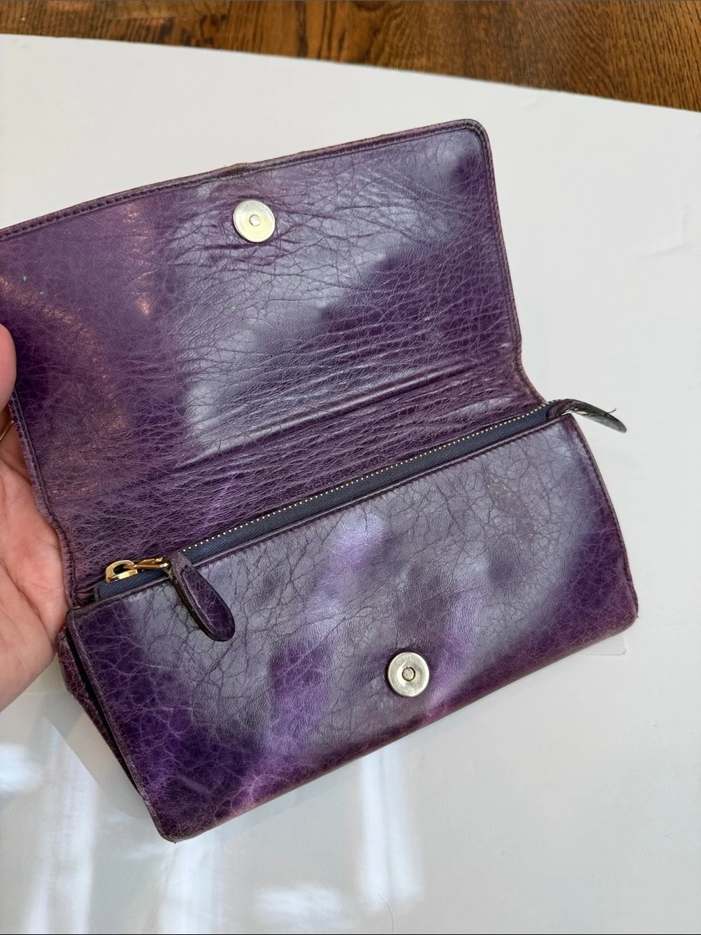 Balenciaga Distressed Plum Leather Continental Wallet with Gold Hardware